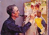 Norman Rockwell Famous Paintings - Portrait of Norman Rockwell Painting the Soda Jerk